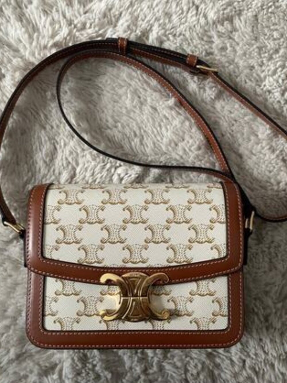 Celine Triomphe Logo Small Shoulder Bag in White and Brown with Gold Hardware